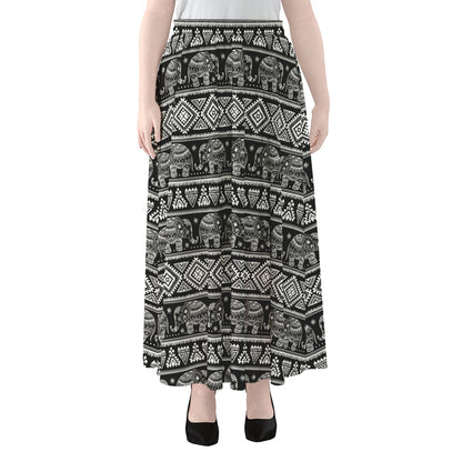 Black And White Indian Elephant Print Chiffon Maxi Skirt