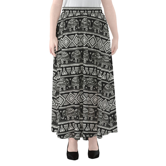 Black And White Indian Elephant Print Chiffon Maxi Skirt
