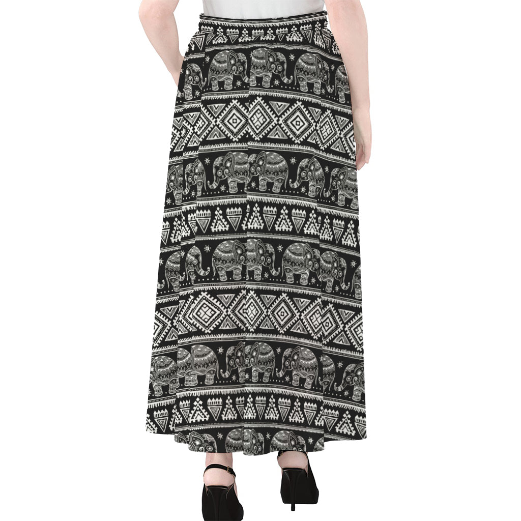 Black And White Indian Elephant Print Chiffon Maxi Skirt