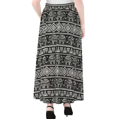 Black And White Indian Elephant Print Chiffon Maxi Skirt