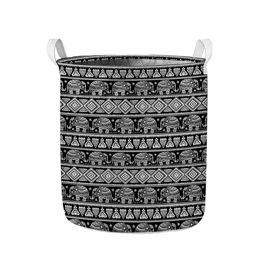 Black And White Indian Elephant Print Collapsible Laundry Basket