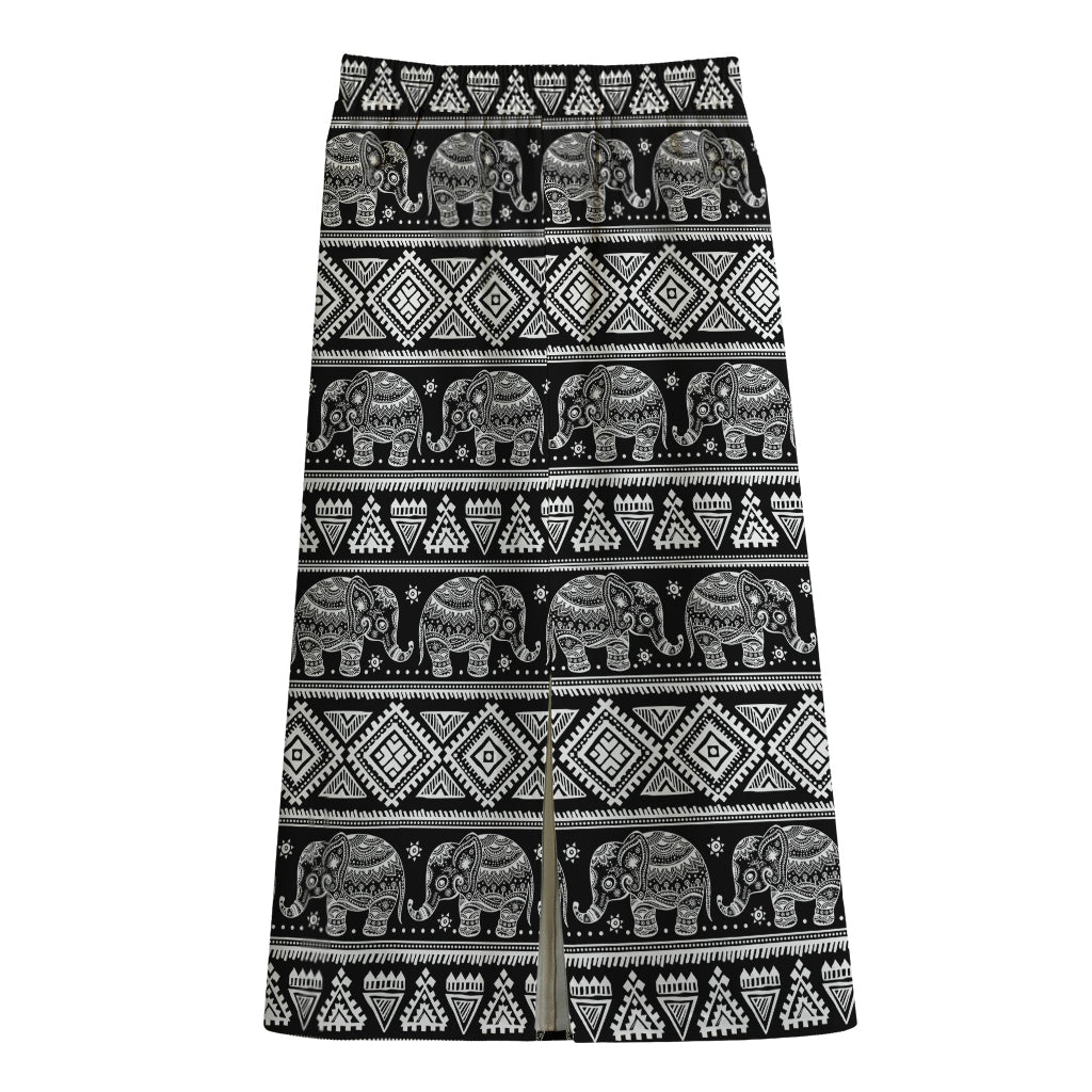 Black And White Indian Elephant Print Cotton Front Slit Maxi Skirt
