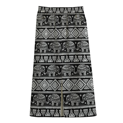 Black And White Indian Elephant Print Cotton Front Slit Maxi Skirt