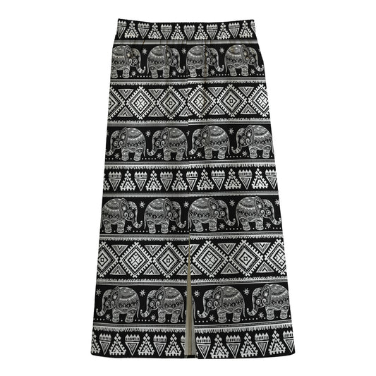 Black And White Indian Elephant Print Cotton Front Slit Maxi Skirt