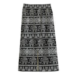 Black And White Indian Elephant Print Cotton Front Slit Maxi Skirt