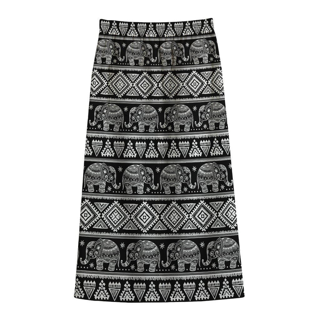 Black And White Indian Elephant Print Cotton Front Slit Maxi Skirt
