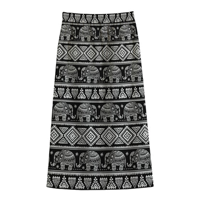 Black And White Indian Elephant Print Cotton Front Slit Maxi Skirt
