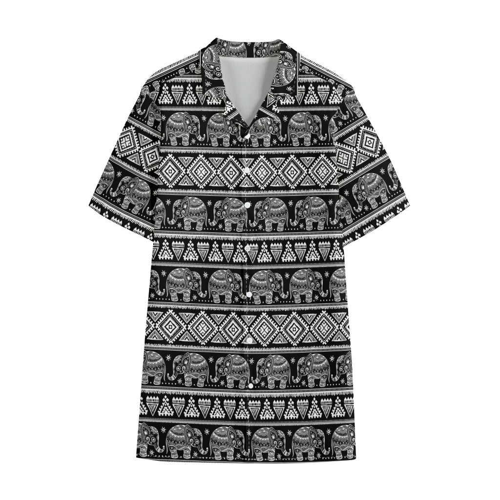 Black And White Indian Elephant Print Cotton Hawaiian Shirt