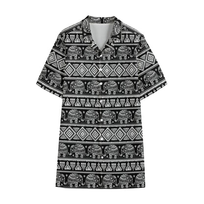 Black And White Indian Elephant Print Cotton Hawaiian Shirt