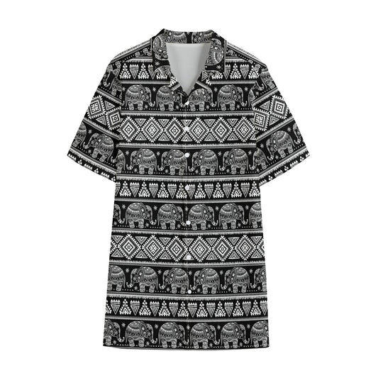 Black And White Indian Elephant Print Cotton Hawaiian Shirt