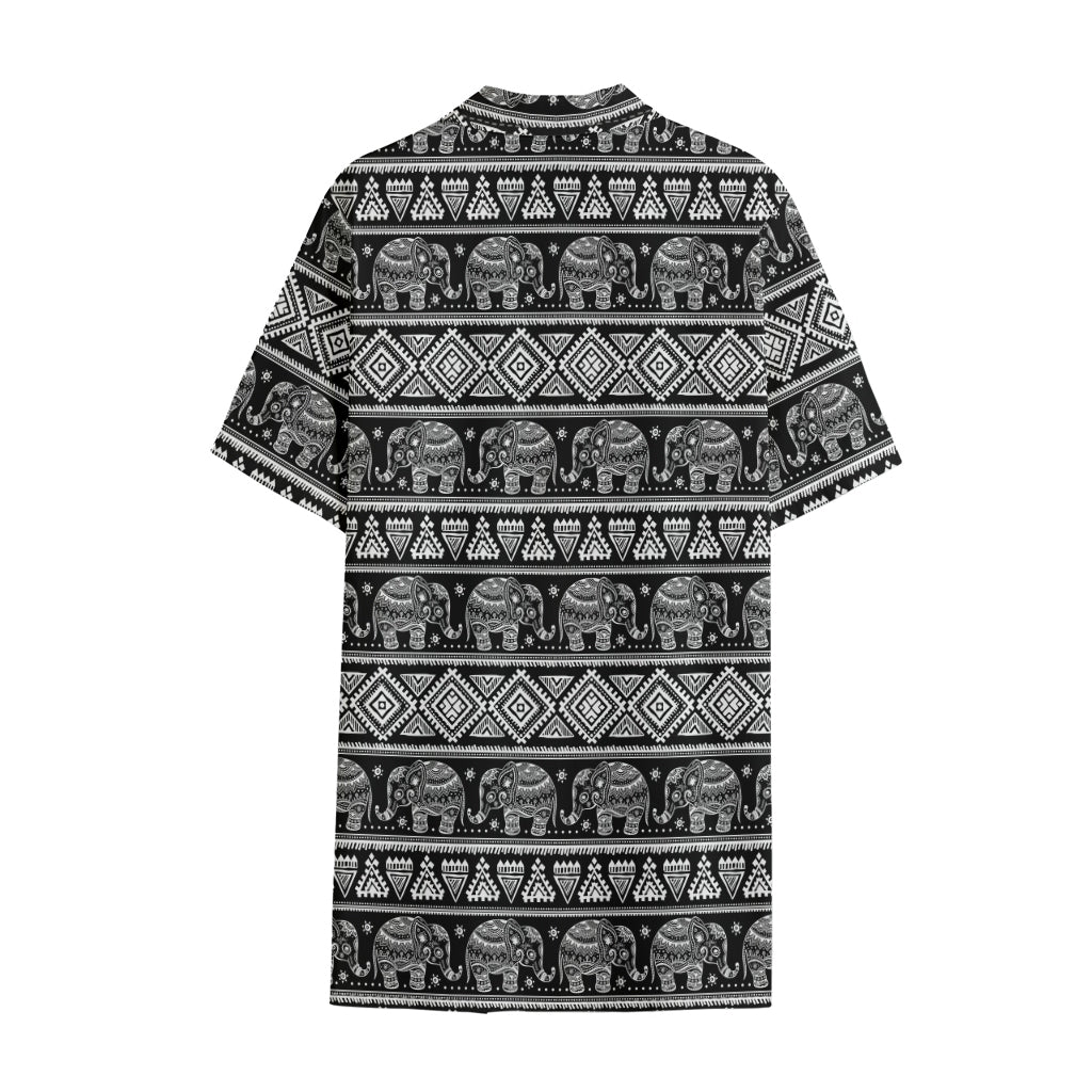 Black And White Indian Elephant Print Cotton Hawaiian Shirt