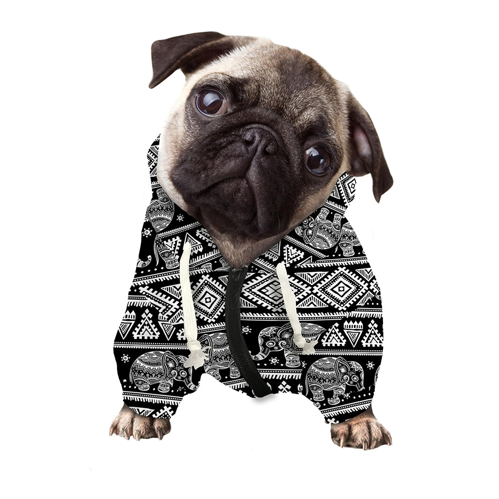 Black And White Indian Elephant Print Dog Zip Up Hoodie