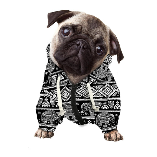Black And White Indian Elephant Print Dog Zip Up Hoodie