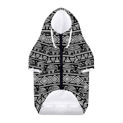 Black And White Indian Elephant Print Dog Zip Up Hoodie