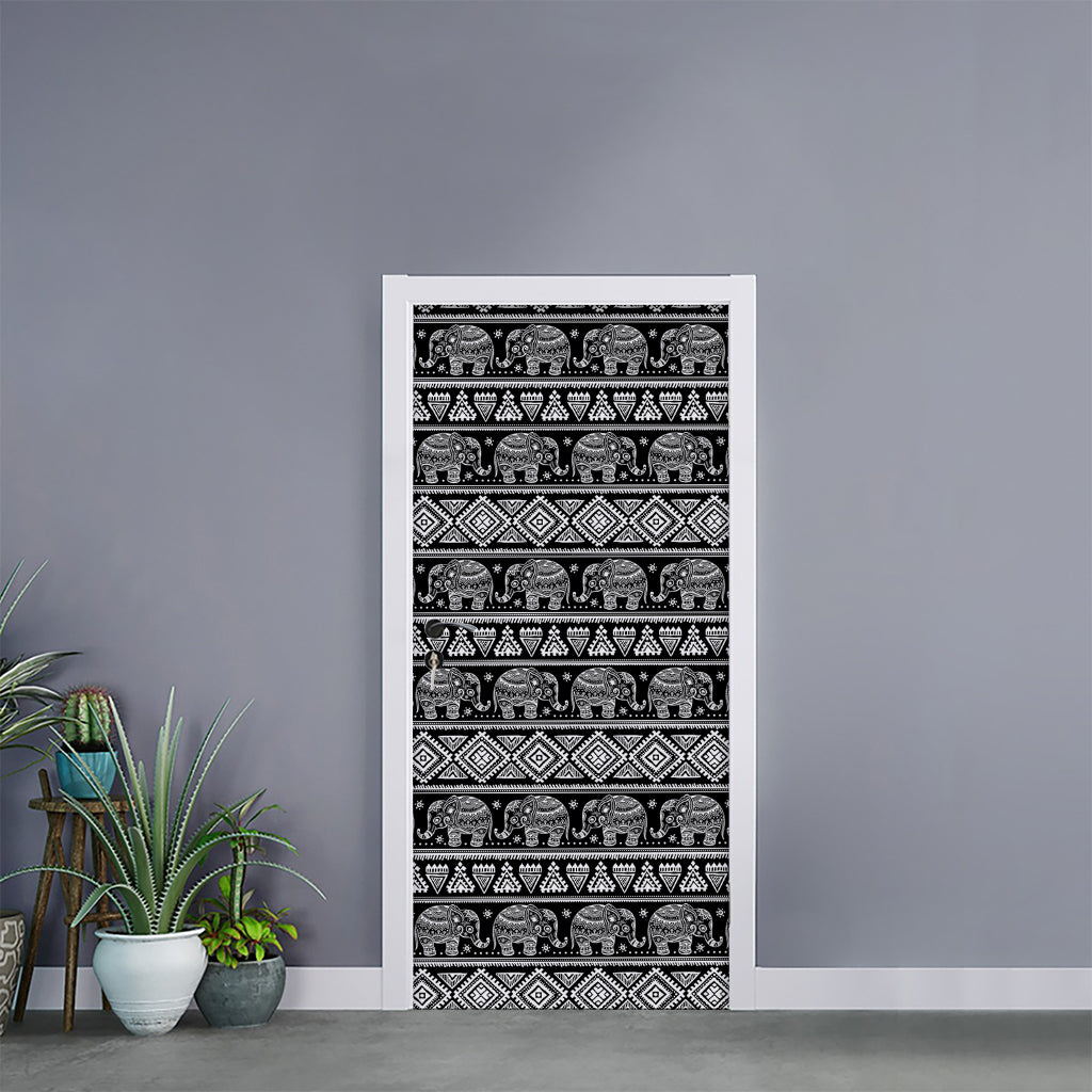 Black And White Indian Elephant Print Door Sticker