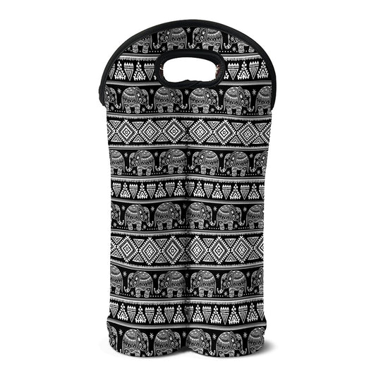 Black And White Indian Elephant Print Double Neoprene Wine Tote