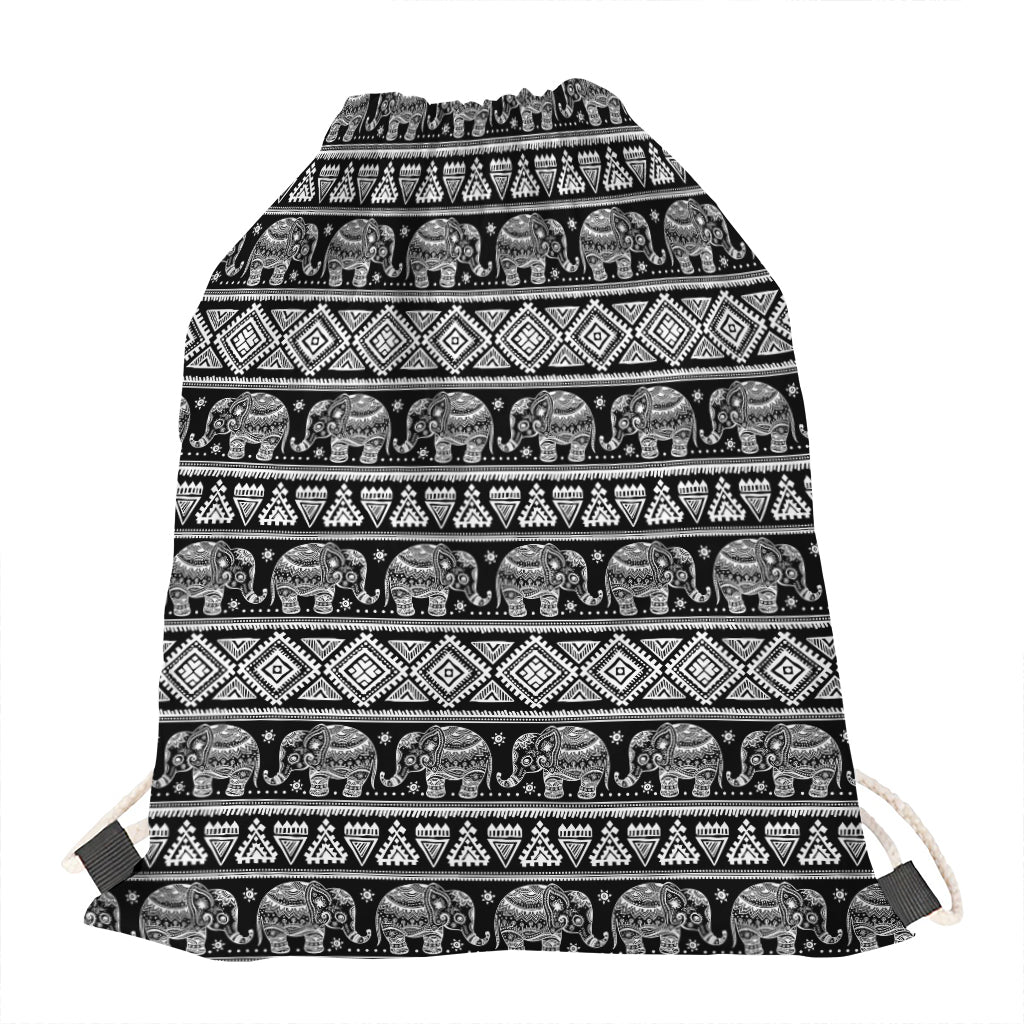 Black And White Indian Elephant Print Drawstring Bag