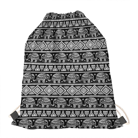 Black And White Indian Elephant Print Drawstring Bag