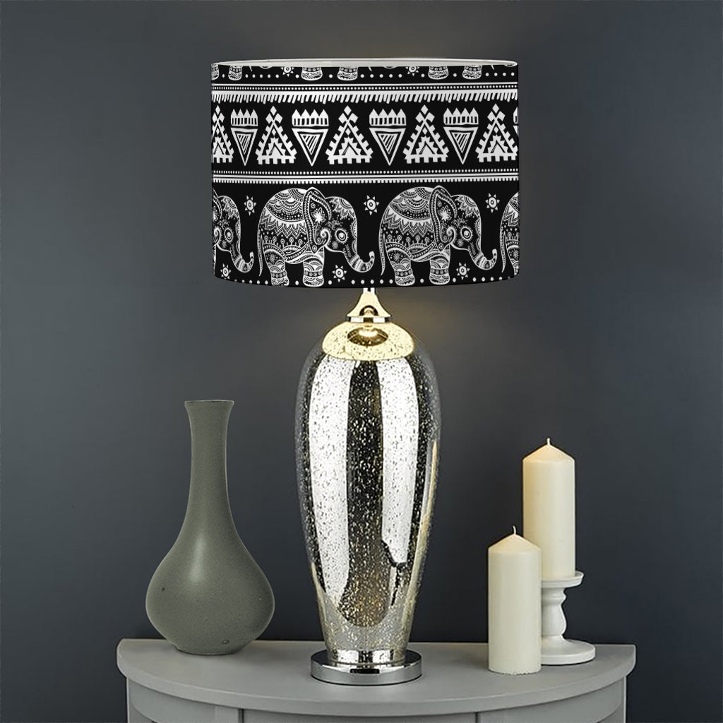 Black And White Indian Elephant Print Drum Lamp Shade