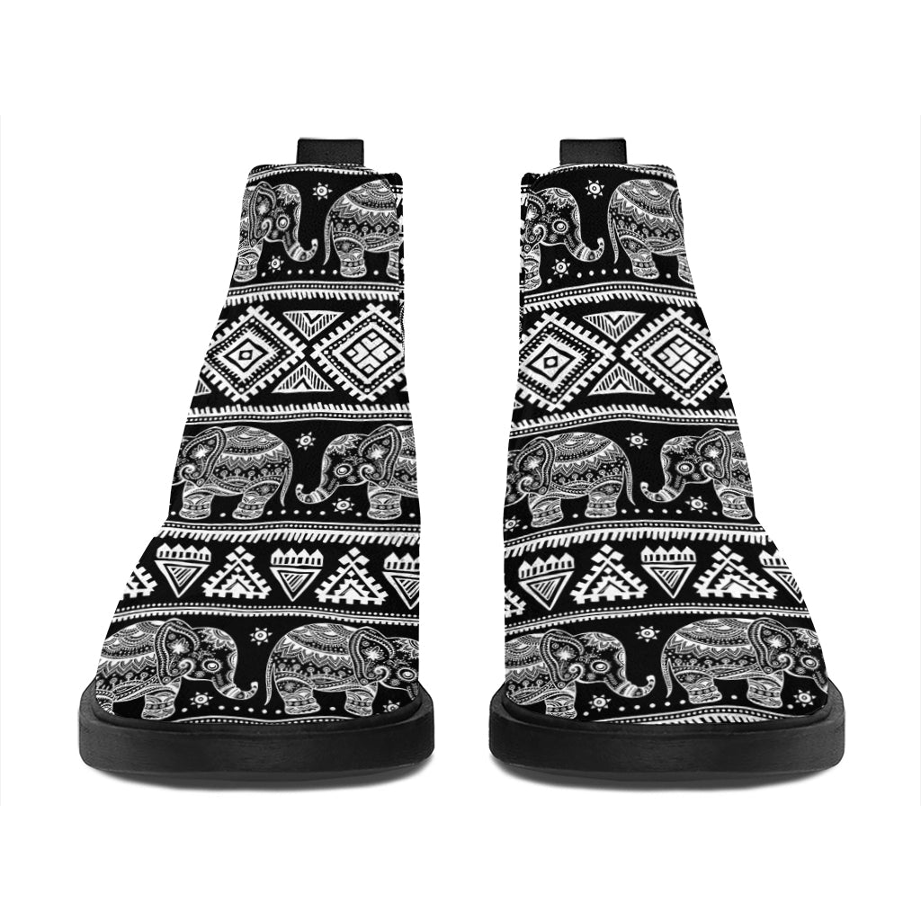 Black And White Indian Elephant Print Flat Ankle Boots