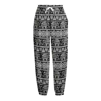 Black And White Indian Elephant Print Fleece Lined Knit Pants