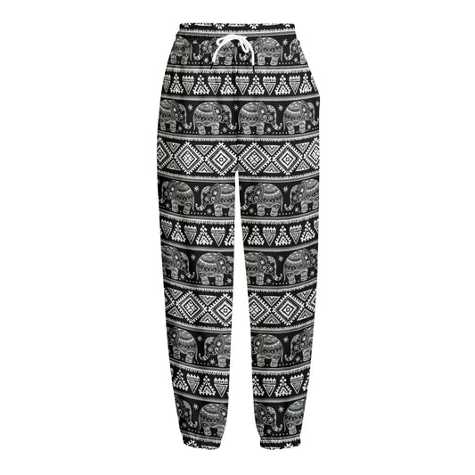 Black And White Indian Elephant Print Fleece Lined Knit Pants
