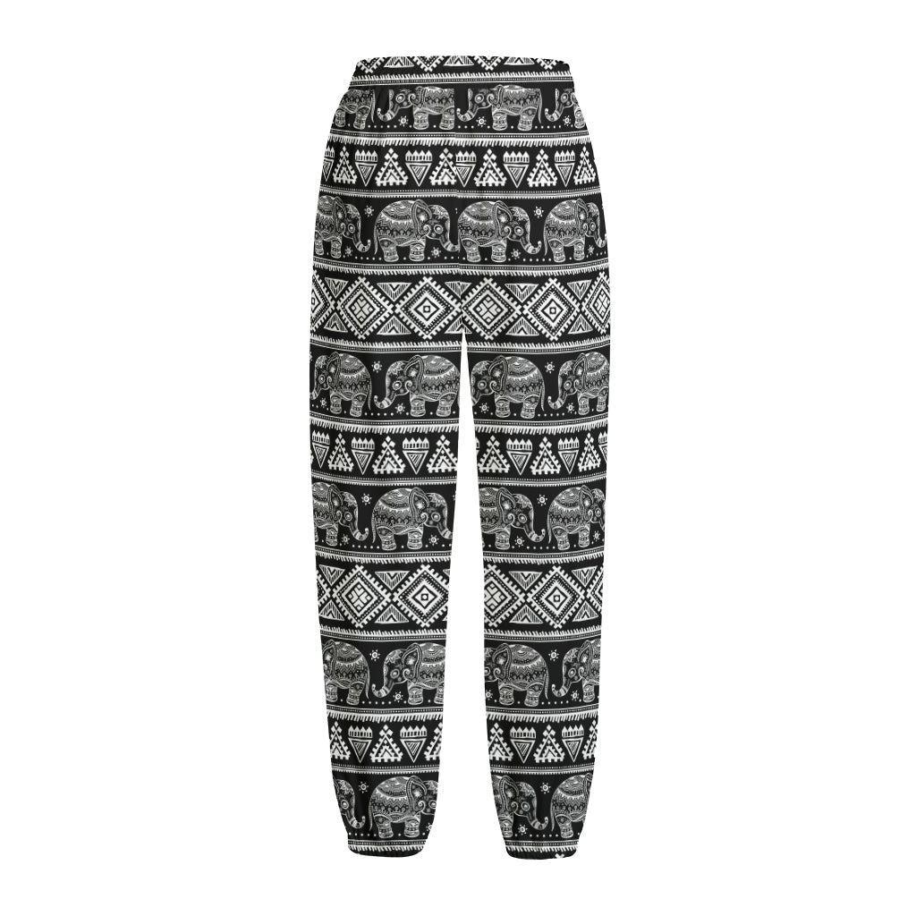 Black And White Indian Elephant Print Fleece Lined Knit Pants