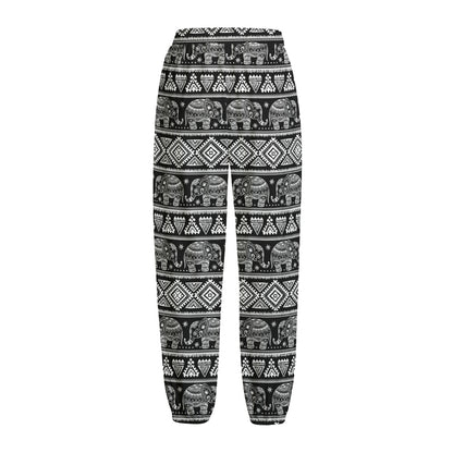 Black And White Indian Elephant Print Fleece Lined Knit Pants