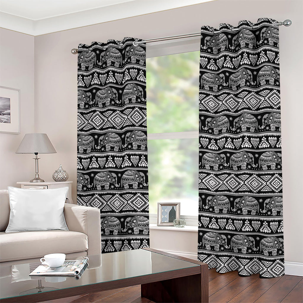 Black And White Indian Elephant Print Grommet Curtains