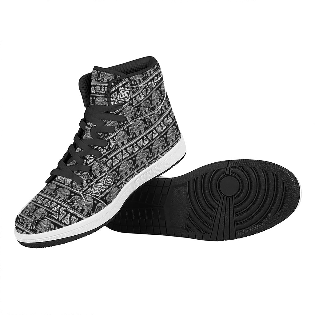 Black And White Indian Elephant Print High Top Leather Sneakers
