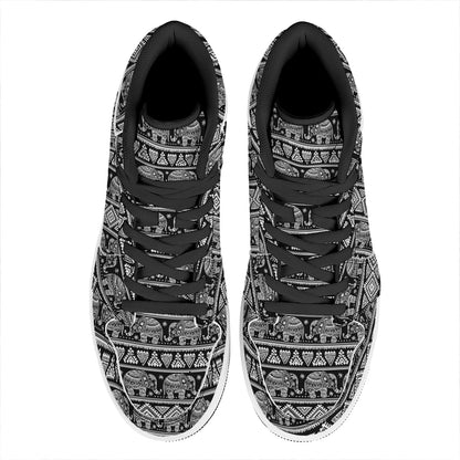 Black And White Indian Elephant Print High Top Leather Sneakers
