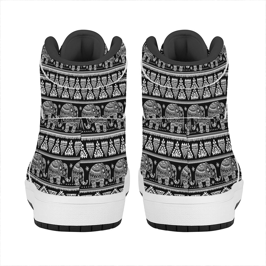 Black And White Indian Elephant Print High Top Leather Sneakers