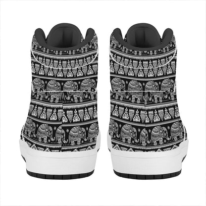 Black And White Indian Elephant Print High Top Leather Sneakers