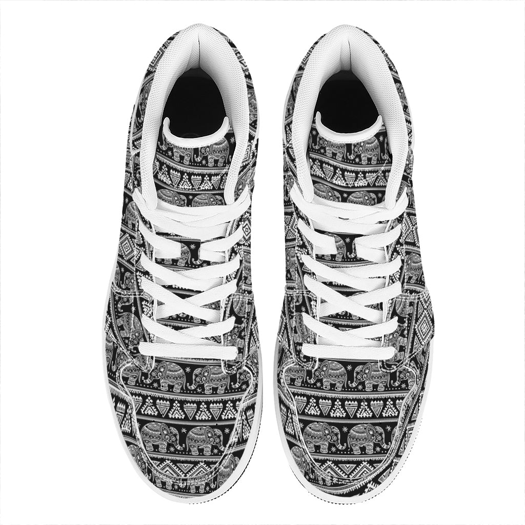 Black And White Indian Elephant Print High Top Leather Sneakers