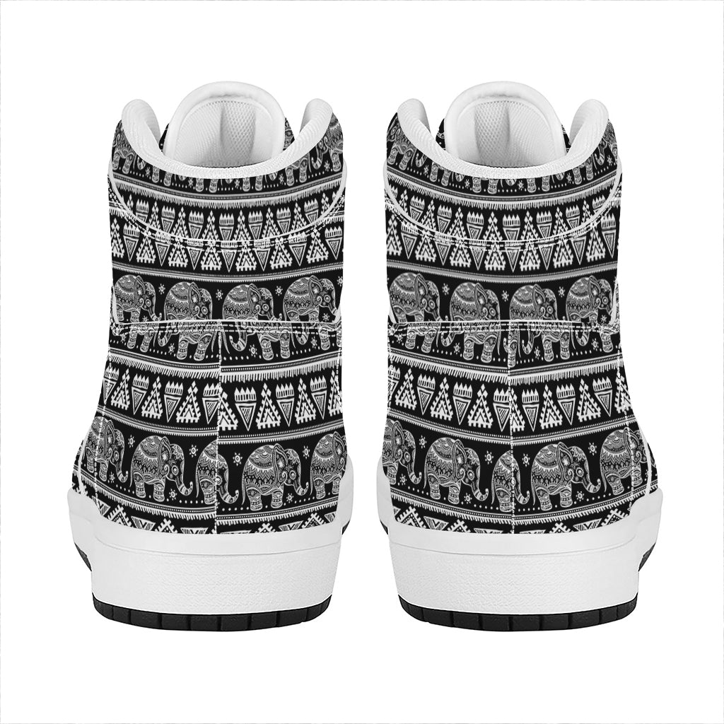 Black And White Indian Elephant Print High Top Leather Sneakers