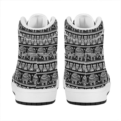 Black And White Indian Elephant Print High Top Leather Sneakers