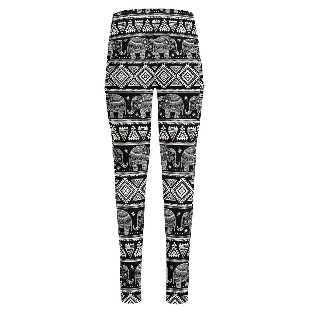 Black And White Indian Elephant Print High-Waisted Pocket Leggings
