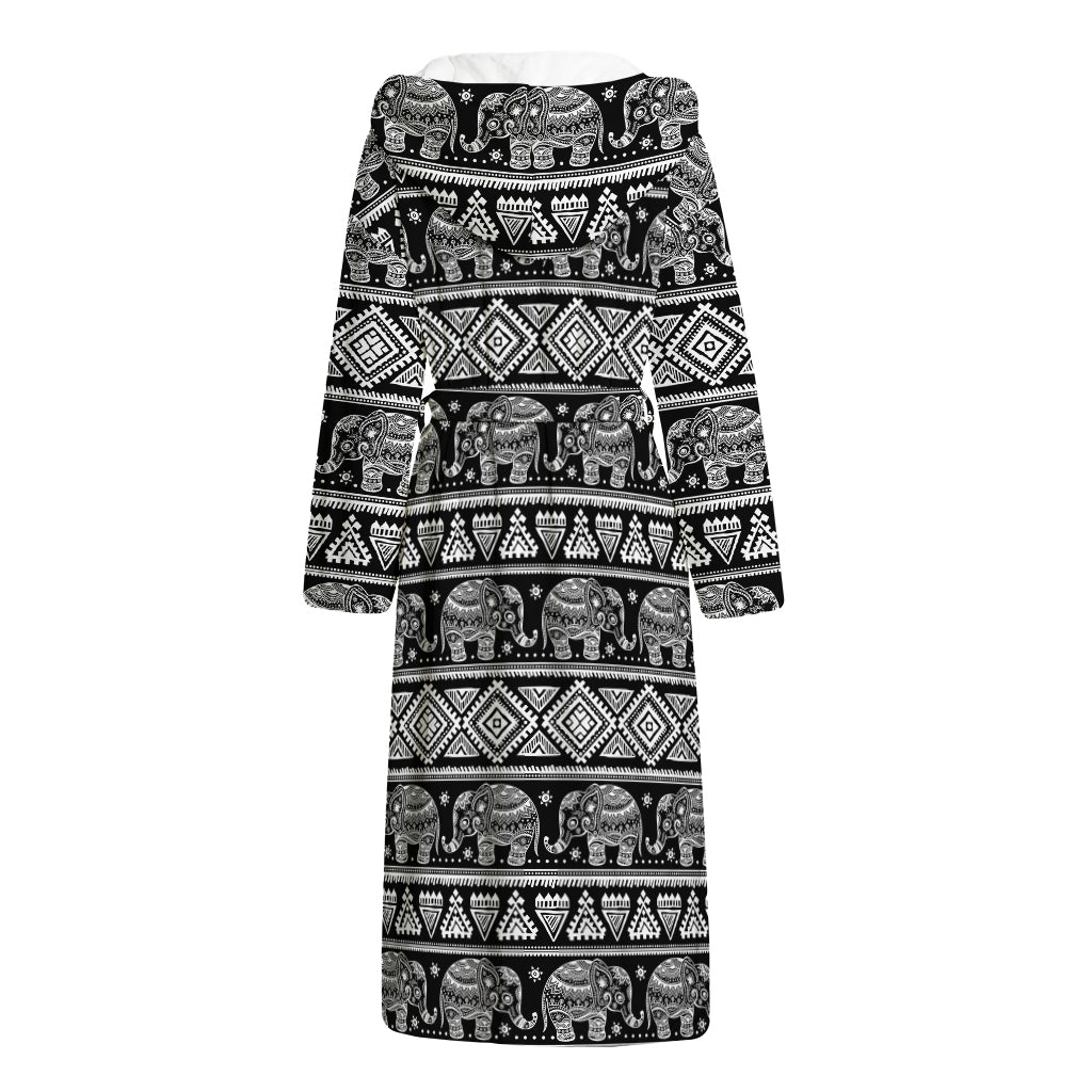 Black And White Indian Elephant Print Hooded Bathrobe