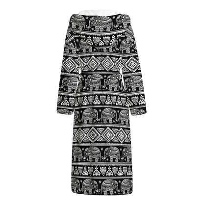 Black And White Indian Elephant Print Hooded Bathrobe