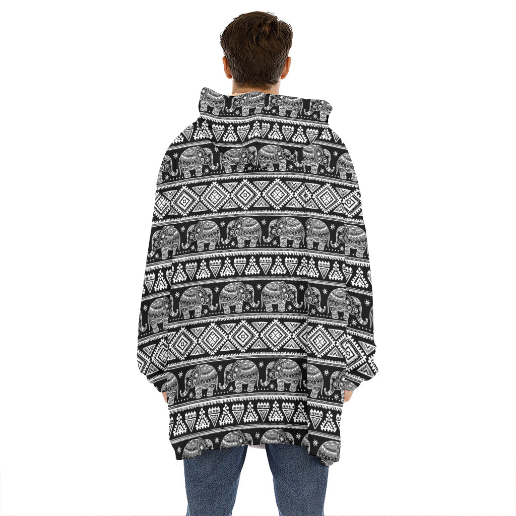 Black And White Indian Elephant Print Hoodie Blanket