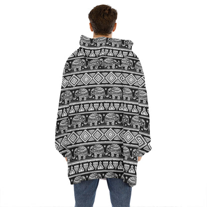 Black And White Indian Elephant Print Hoodie Blanket