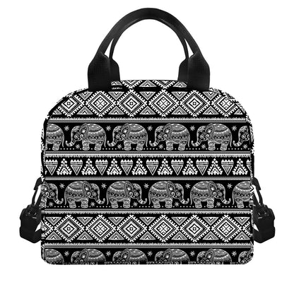 Black And White Indian Elephant Print Insulated Lunch Bag