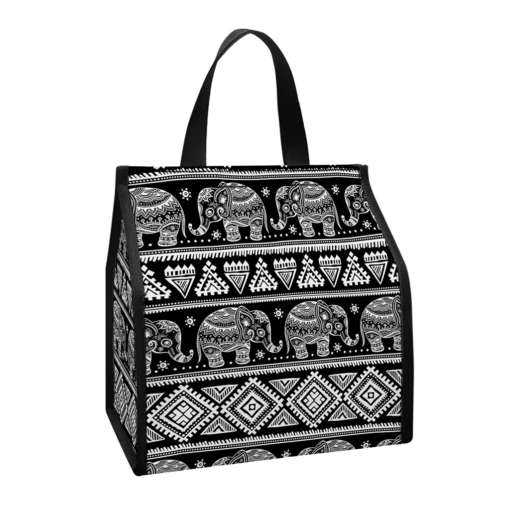 Black And White Indian Elephant Print Insulated Lunch Tote