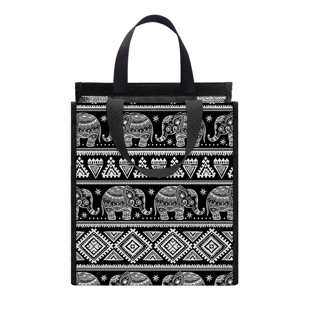 Black And White Indian Elephant Print Insulated Lunch Tote