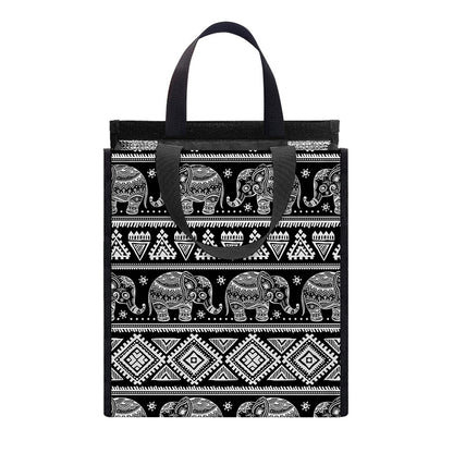 Black And White Indian Elephant Print Insulated Lunch Tote