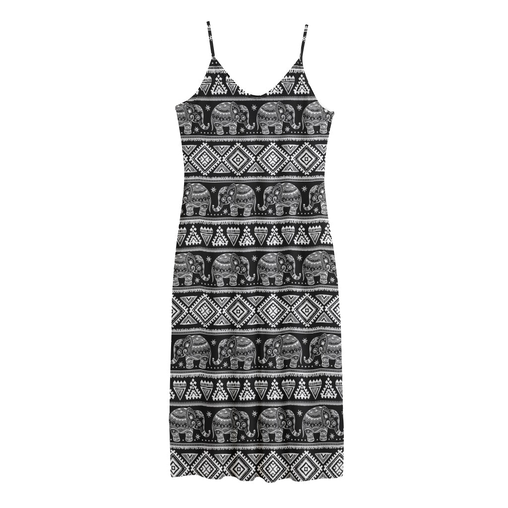 Black And White Indian Elephant Print Jersey Midi Cami Dress
