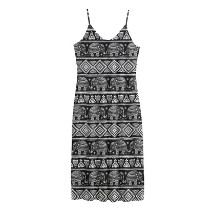 Black And White Indian Elephant Print Jersey Midi Cami Dress