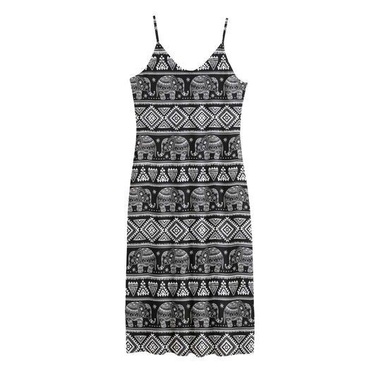 Black And White Indian Elephant Print Jersey Midi Cami Dress