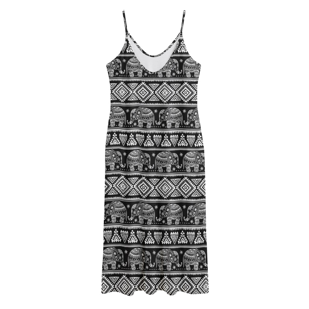 Black And White Indian Elephant Print Jersey Midi Cami Dress