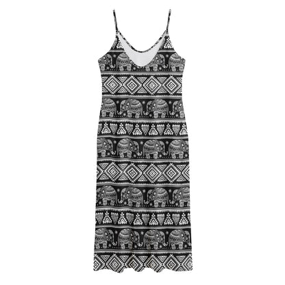 Black And White Indian Elephant Print Jersey Midi Cami Dress